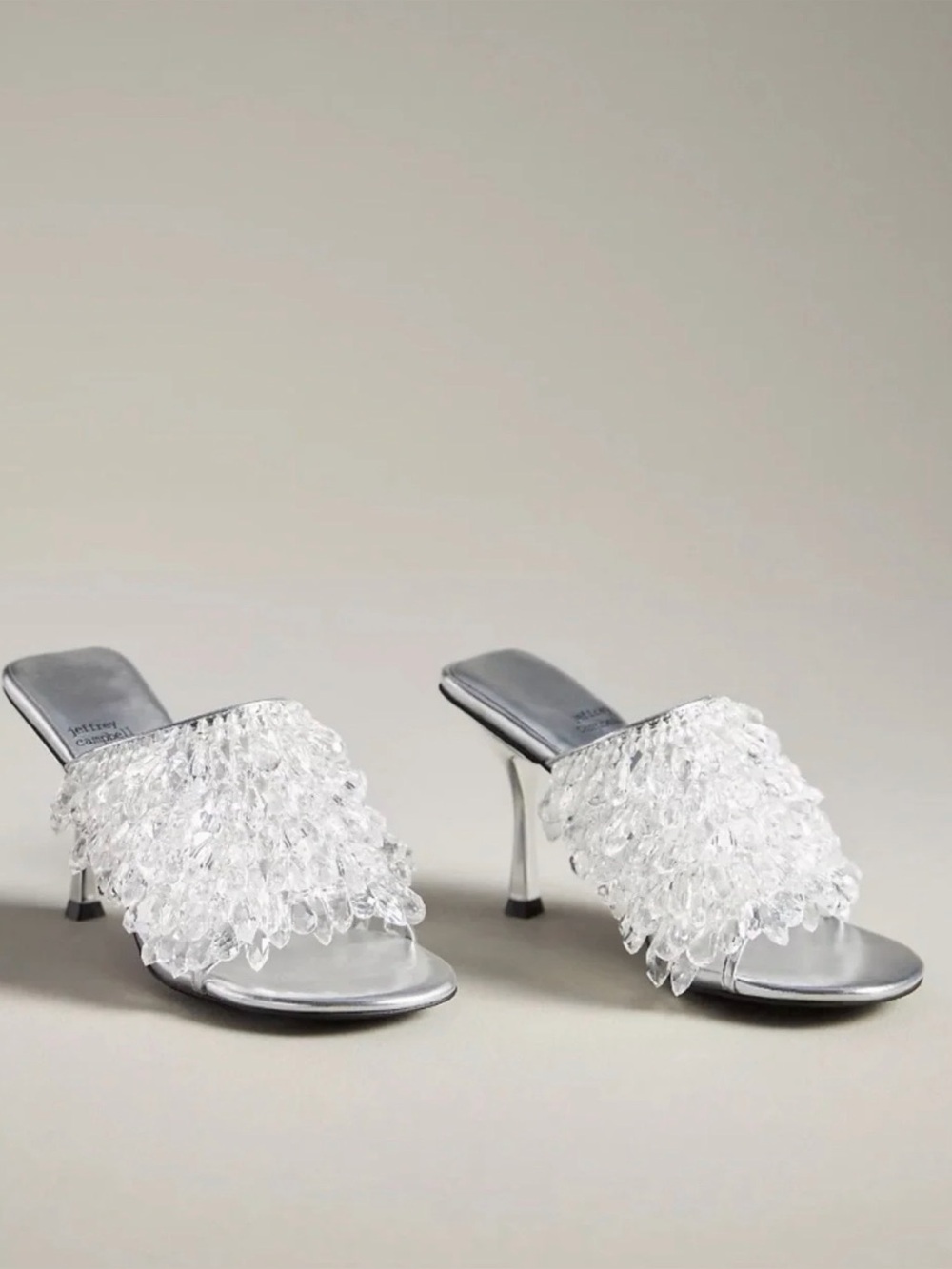 Jeffrey Campbell 
Silver Slide Heels with Clear Beaded Fringe
